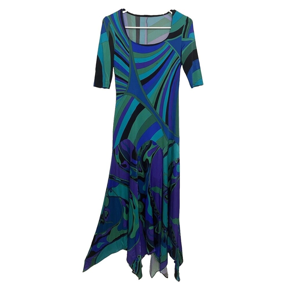 Emilio Pucci Iride Print Maxi Dress Sz XS/S Green Asymmetric Hem Satin Geometric